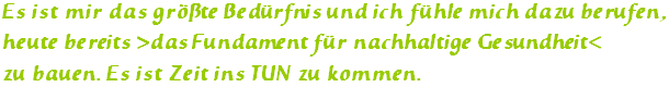 Es ist mir das größte Bedürfnissund ich fühle mich dazu berufen, heute bereits >das Fundament für nachhaltige Gesundheit< zu bauen. Es ist Zeit ins TUN zu kommen.